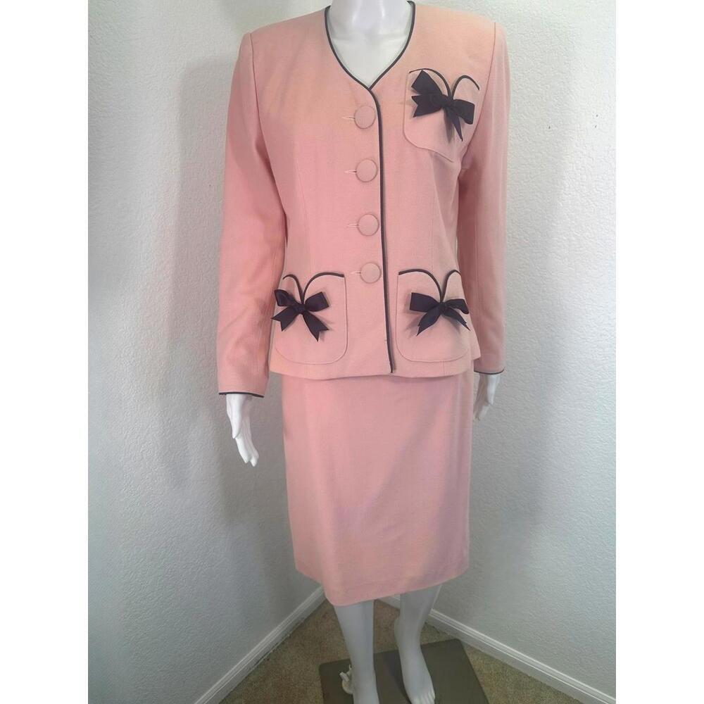 VTG Sz M Annie Corvall Paris Pink Wool Suit Black Bow Coquette French Spring
